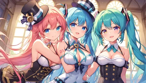 ((2girls:1.3)), ((moe style:1.3)), ((wild west:1.3)), ((saloon entrance:1.3)), ((top hat:1.3)), enterprise (azur lane), hatsune ...