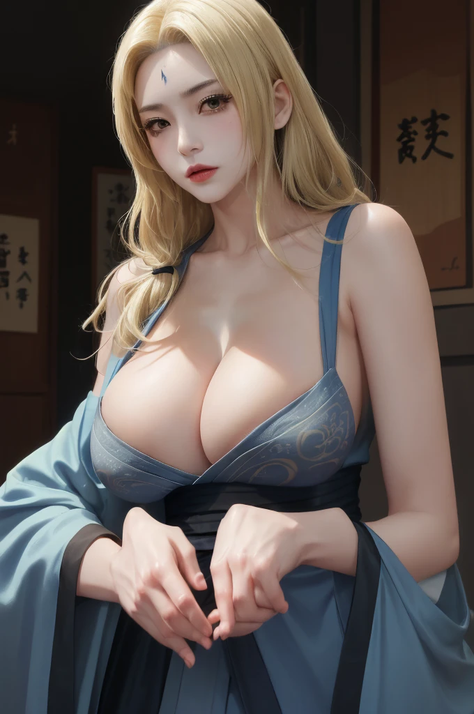 highres, sharp focus, pixiv masterpiece, ((intricate details)), highly detailed,  upper body, 1girl, mature, blonde hair, blue forehead mark, sleeveless kimono, sash, tsunade_senju, ((very Big breasts 1.9)), very Big breasts, bursting breast, ultra huge breast 