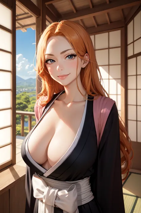 masterpiece, best quality, matsumoto rangiku, long hair, black kimono, cleavage, sash, large breasts, looking at viewer, furrowe...