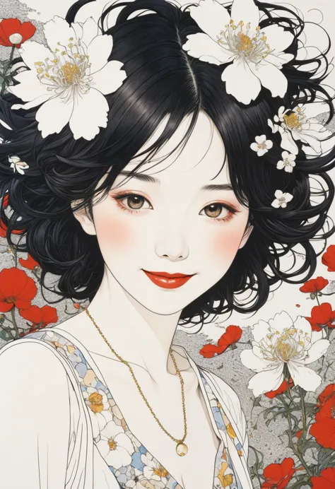 line art、virgin、splattered、crazy smile、falling flowers、takato yamamoto&#39;style、dark and detailed patterned background、traditio...