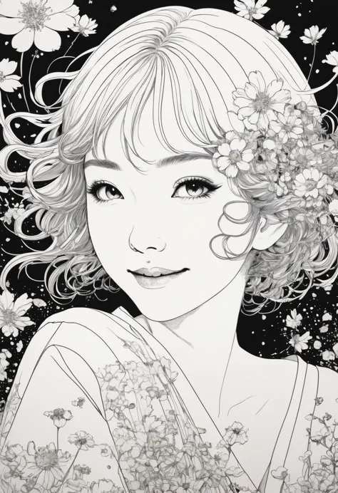 line art、virgin、splattered、crazy smile、falling flowers、takato yamamoto&#39;style、dark and detailed patterned background、traditio...