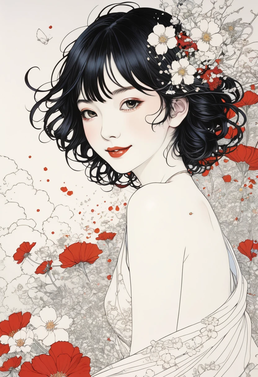 Line art、virgin、Splattered、Crazy Smile、Falling Flowers、takato yamamoto&#39;style、Dark and detailed patterned background、Traditional patterns of Japan、Browsing Caution