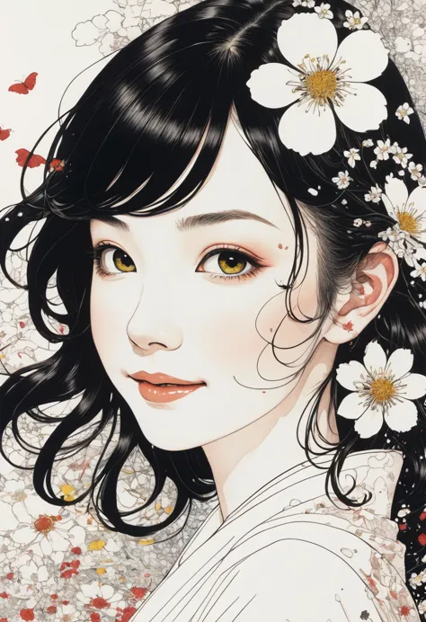 line art、virgin、splattered、crazy smile、falling flowers、takato yamamoto&#39;style、dark and detailed patterned background、traditio...