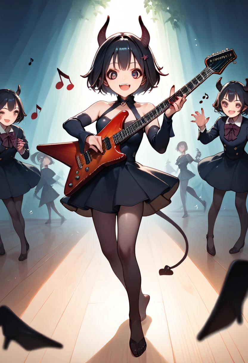 score_9, score_8_en haut, score_7_en haut, score_6_en haut, score_5_en haut, score_4_en haut, Fille mignonne du diable, heureux smile, jouer de la guitare électrique au corps en forme d'étoile, en disant "merci", en disant "heureux", notes de danse, amusant 