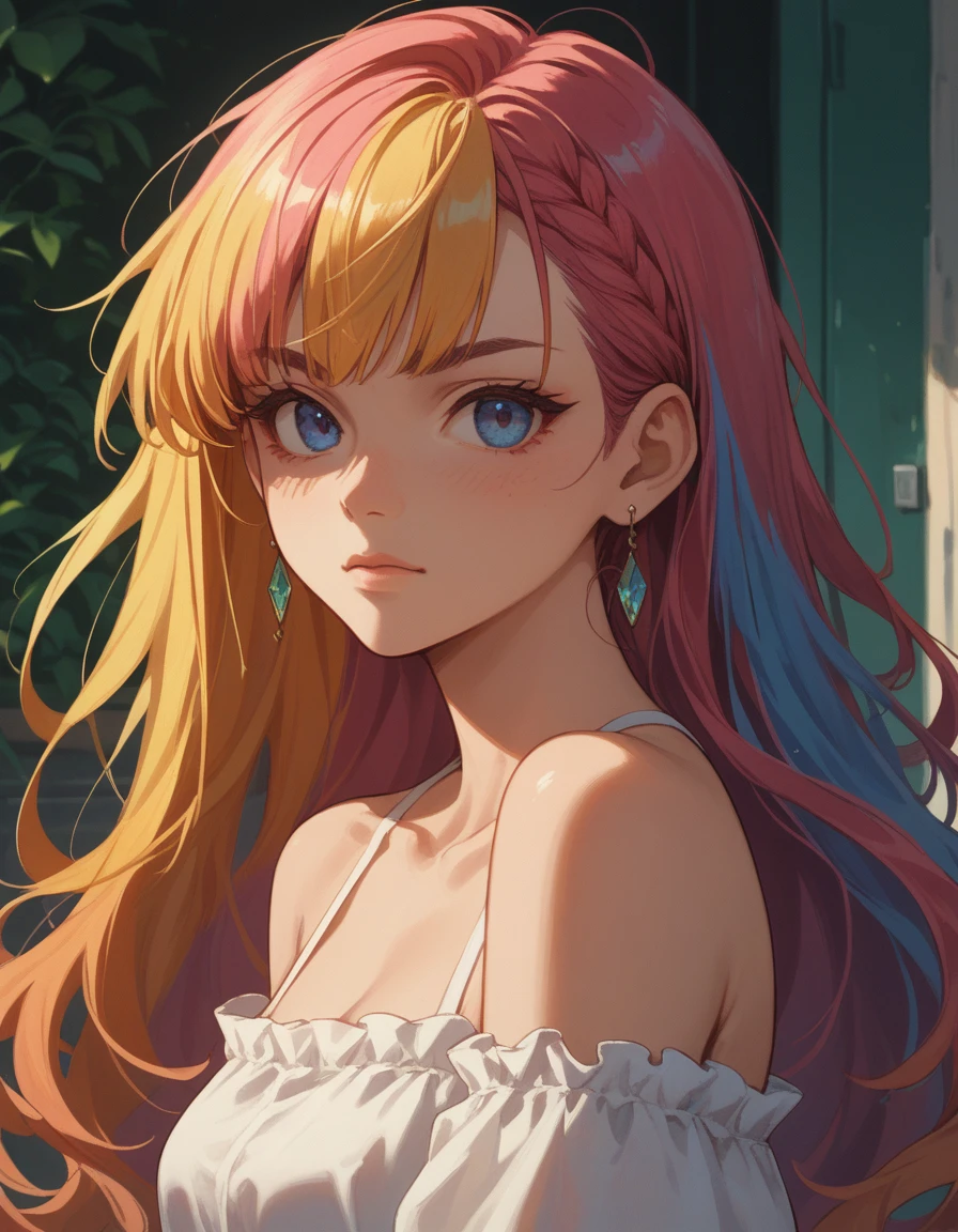 Fraction_9, Fraction_8_up, Fraction_7_up, Fraction_6_Direction_5_up, score_suspicious,  src_Japanese cartoons,  1 Girl, portrait,  Colorful hair, edge, Bare shoulders, upper body, universe