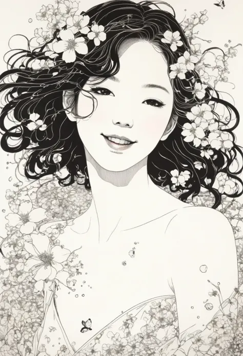 line art、virgin、splattered、crazy smile、falling flowers、takato yamamoto&#39;style、browsing caution