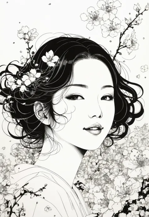 line art、virgin、splattered、crazy smile、falling flowers、takato yamamoto&#39;style、browsing caution