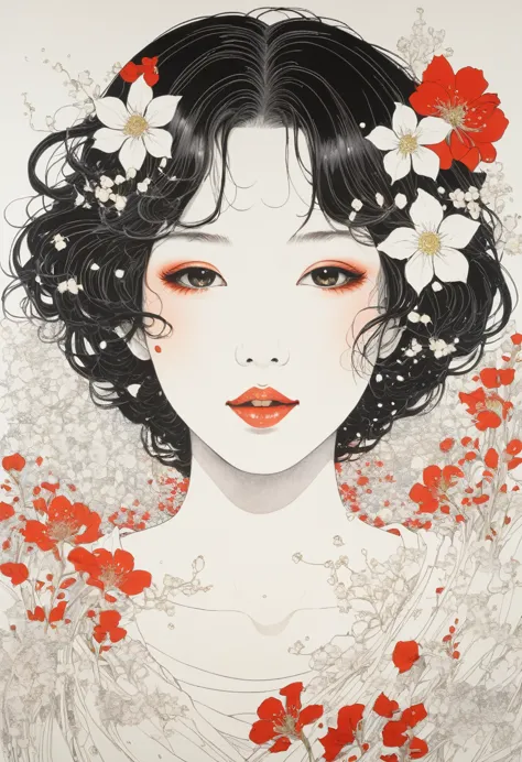 line art、virgin、splattered、crazy smile、falling flowers、takato yamamoto&#39;style、browsing caution