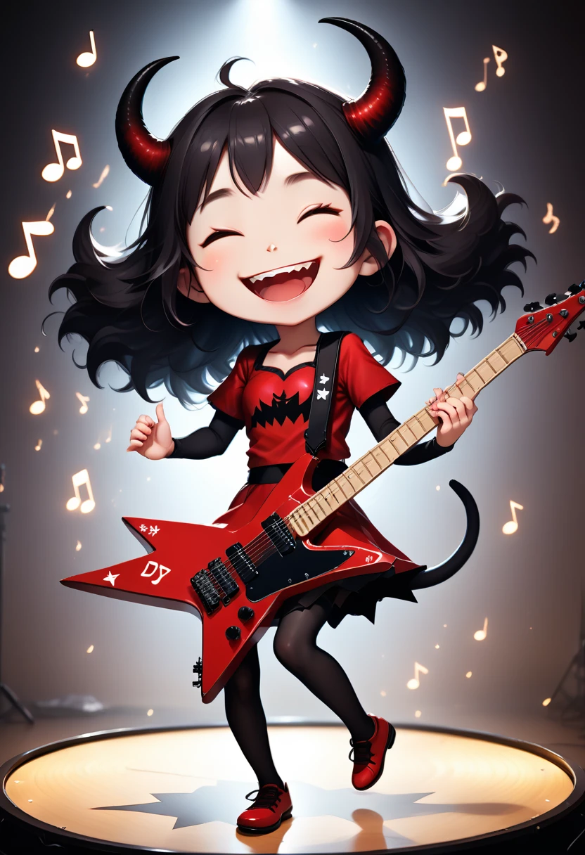 score_9, score_8_en haut, score_7_en haut, score_6_en haut, score_5_en haut, score_4_en haut, Fille mignonne du diable, heureux smile, jouer de la guitare électrique au corps en forme d'étoile, en disant "merci", en disant "heureux", notes de danse, amusant , Hzk