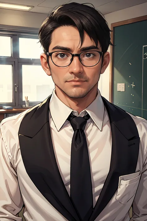 A 40 years old man, white button shirt, eye glasses, black tie, school principal