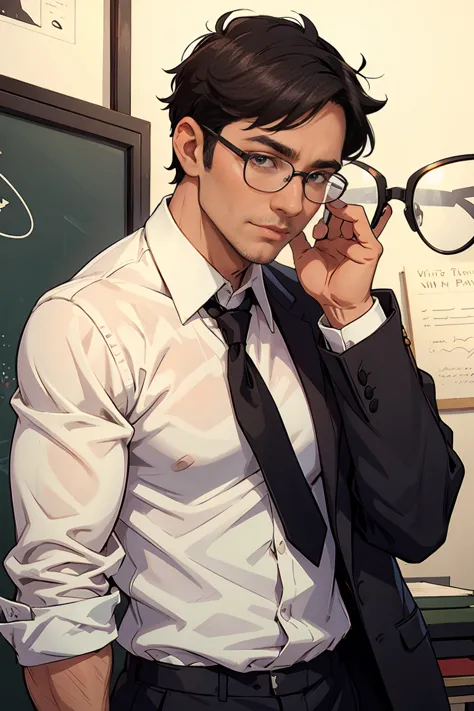 A 40 years old man, white button shirt, eye glasses, black tie, school principal