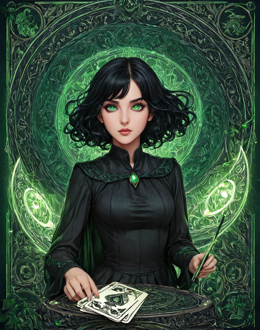 daughter of severus anape, 9-yeart-old , black hair, green eyes, girl, , chased by demon, tarot card, masterpiece, best quality, 4k, tarot card art, line art, clean line art, space-themed coloring mandala, colorful, simple and clean line art, adorned in Art Nouveau style, Genshin,