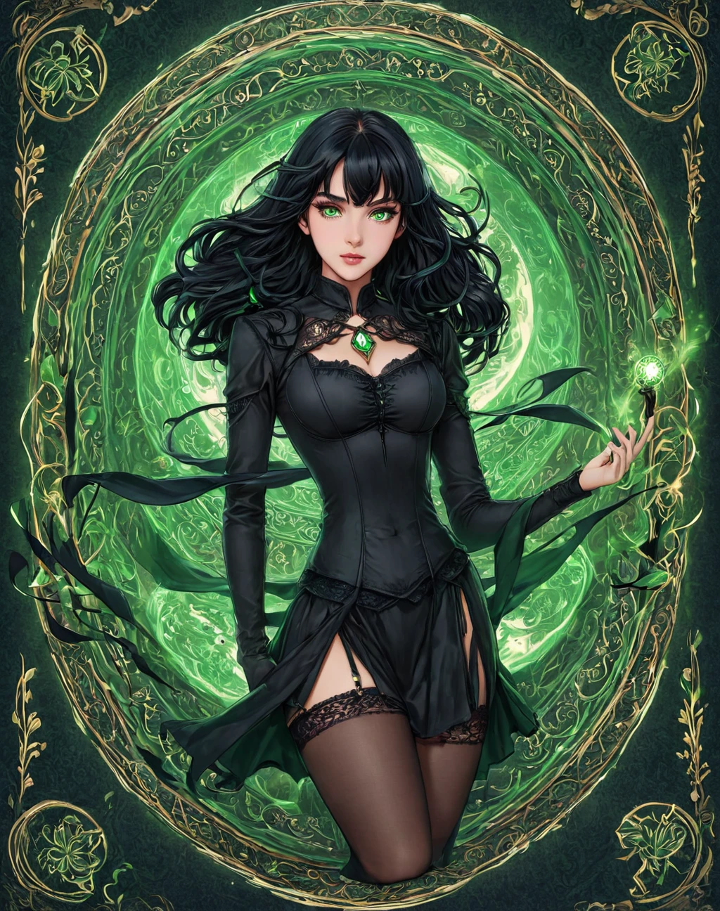 daughter of severus anape, 9-yeart-old , black hair, green eyes, girl, , chased by demon, tarot card, masterpiece, best quality, 4k, tarot card art, line art, clean line art, space-themed coloring mandala, colorful, simple and clean line art, adorned in Art Nouveau style, Genshin,