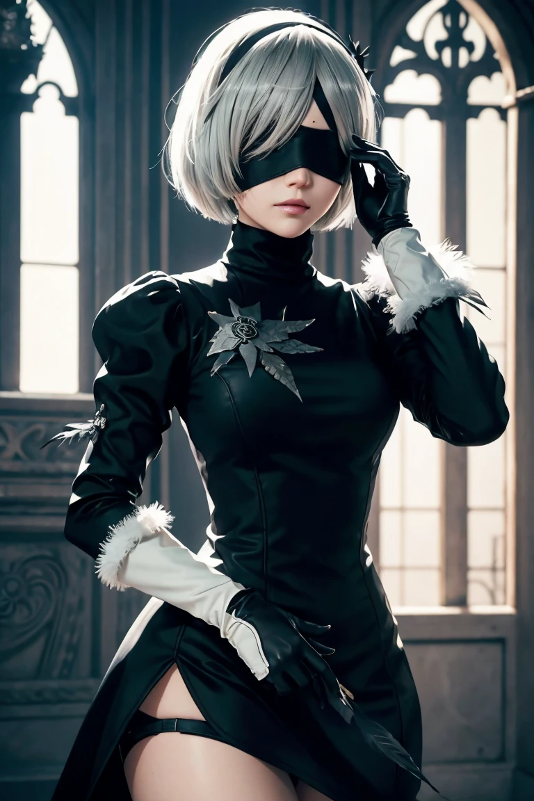 2B Nier Automata,Bobcut, Gray Hair,Long sleeve, Juliet Sleeve, White gloves, turtleneck, bangs, Feather ornament, Feather ornament sleeves, Blindfold, Black Goth Dress,Bird&#39;s-eye view,Japanese Ultra HD,super high quality,masterpiece,Digital SLR,Photorealistic,Detailed details,Vivid details,Depicted in detail,A detailed face,Detailed details,Super Detail,Realistic skin texture,Anatomical basis,Perfect Anatomy,Anatomically correct hand,Anatomically correct fingers,Complex 3D rendering,Sexy pose,Rainy Sky,Beautiful scenery,Fantastic rainy sky,Fantasy worldview,Picturesque,Pink Lips,Black butterfly々Fluttering,A ruined world,A devastated battlefield,ruins,