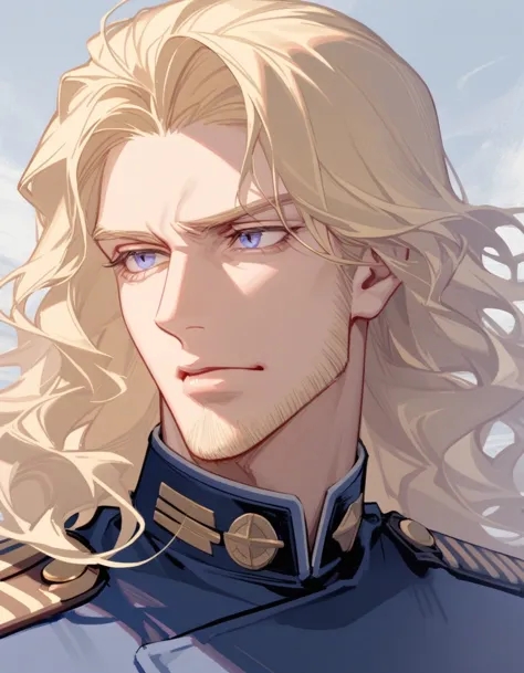 male, late 30s, blond, shoulder-length, middle-part wavy hair, light-purple, deep-set, Sanpaku eyes, slightly thick blond beard,...