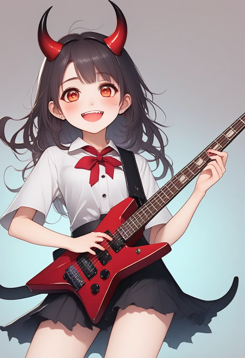 score_9, score_8_en haut, score_7_en haut, score_6_en haut, score_5_en haut, score_4_en haut, Fille mignonne du diable, heureux smile, jouer de la guitare électrique au corps en forme d'étoile, en disant "merci", en disant "heureux", notes de danse, amusant , Hzk