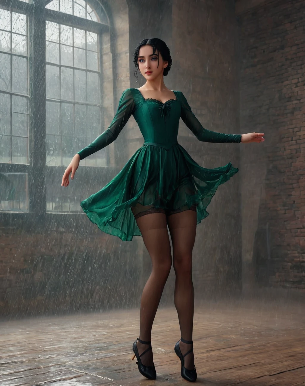 daughter of severus anape, 9-yeart-old , black hair, green eyes,（ultra best quality、in 8K、masuter piece、delicate illustration）,(best quality,4k,8k,highres,masterpiece:1.2),ultra-detailed,realistic,portrait of a beautiful, Heavy Rain、Dancing Ballet、Girl、Dynamic composition、Vibrant colors, Bold brushstrokes, High contrast shadows. In the foreground,