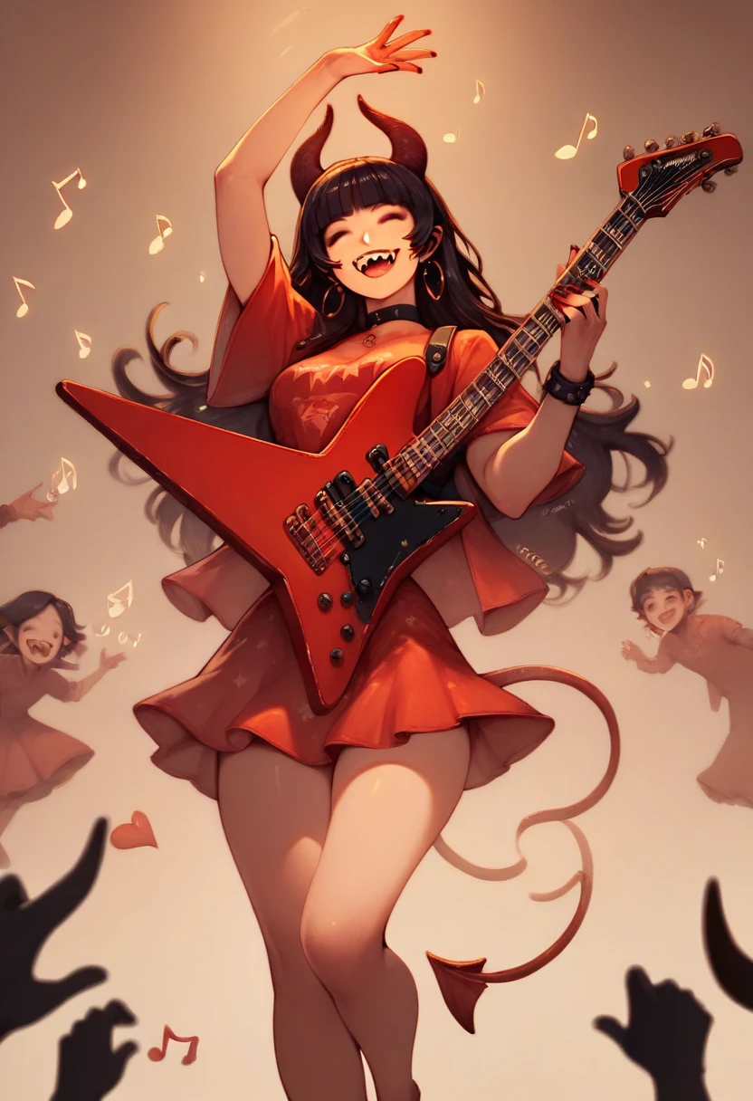 score_9, score_8_en haut, score_7_en haut, score_6_en haut, score_5_en haut, score_4_en haut, Fille mignonne du diable, heureux smile, jouer de la guitare électrique au corps en forme d'étoile, (en disant "merci", en disant "heureux"), notes de danse, amusant , Hzk