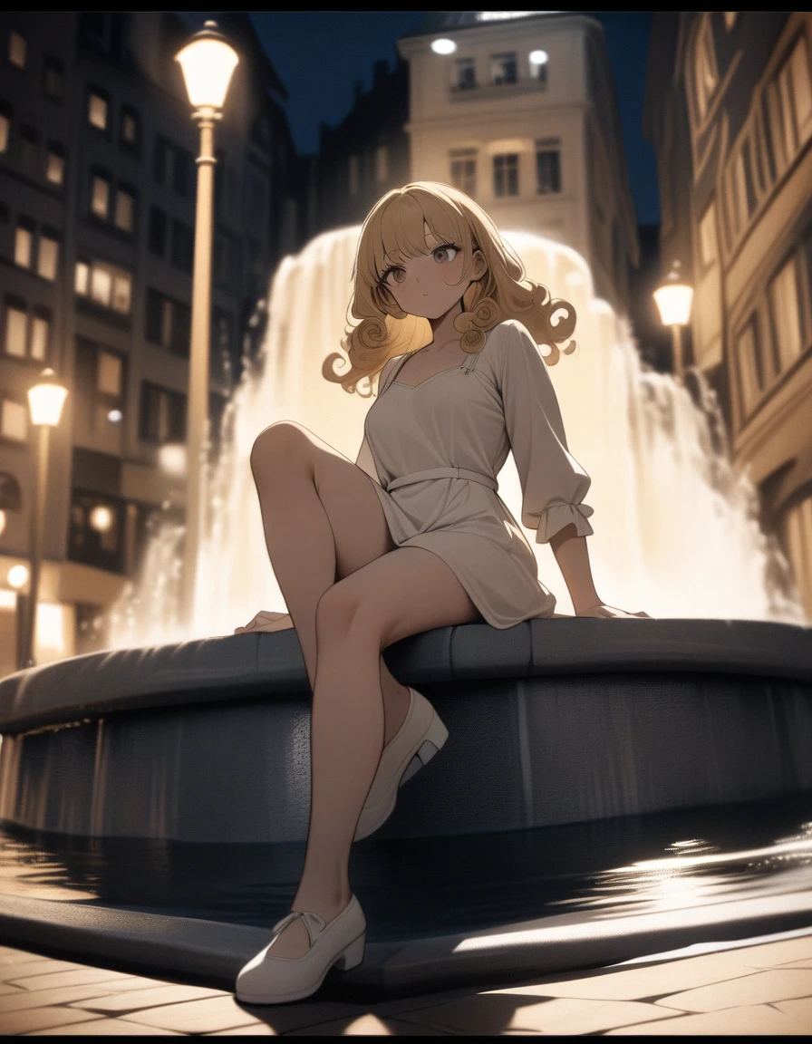 masterpiece,best Quality,ultra detailed,(Film grain:1.3), film frame, black and white illustration, 1woman,cool,curly hair,modern girl, blond hair,white round hat, long white dress, white pumps, sitting on edge of fountain, one leg raised, European street scene, building, street lamp,cinematic angle,cinematic lighting,