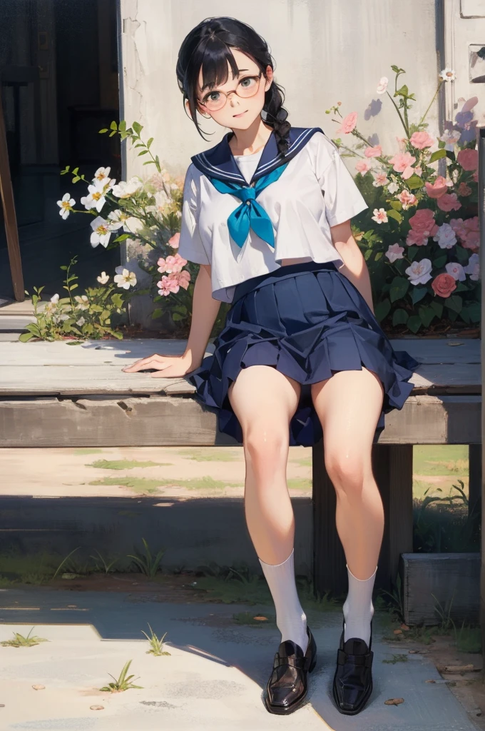 Detailed Background,Beautiful landscape painting,Botanical Art,Flower Art,(Floral:1.2), (masterpiece, Highest quality),Vibrant colors,colorful, Highest quality, Amazing details, Anatomically correct, Line art, Written boundary depth,Flat Shading,Bokeh,  girl, , (upon: 1.3),  (School Sailor Suit、Navy Blue Skirt)、Open clothes,White socks、Black Loafers、Expressive eyes、Perfect Face。
she has black hair。sheは広い額を持っています。she has no bangs。sheの生え際。Short braid。Brow wrinkles。Black glasses。she is blushing。Big Breasts、Plump、Spread your legs。）she&#39;Not cute,From above、