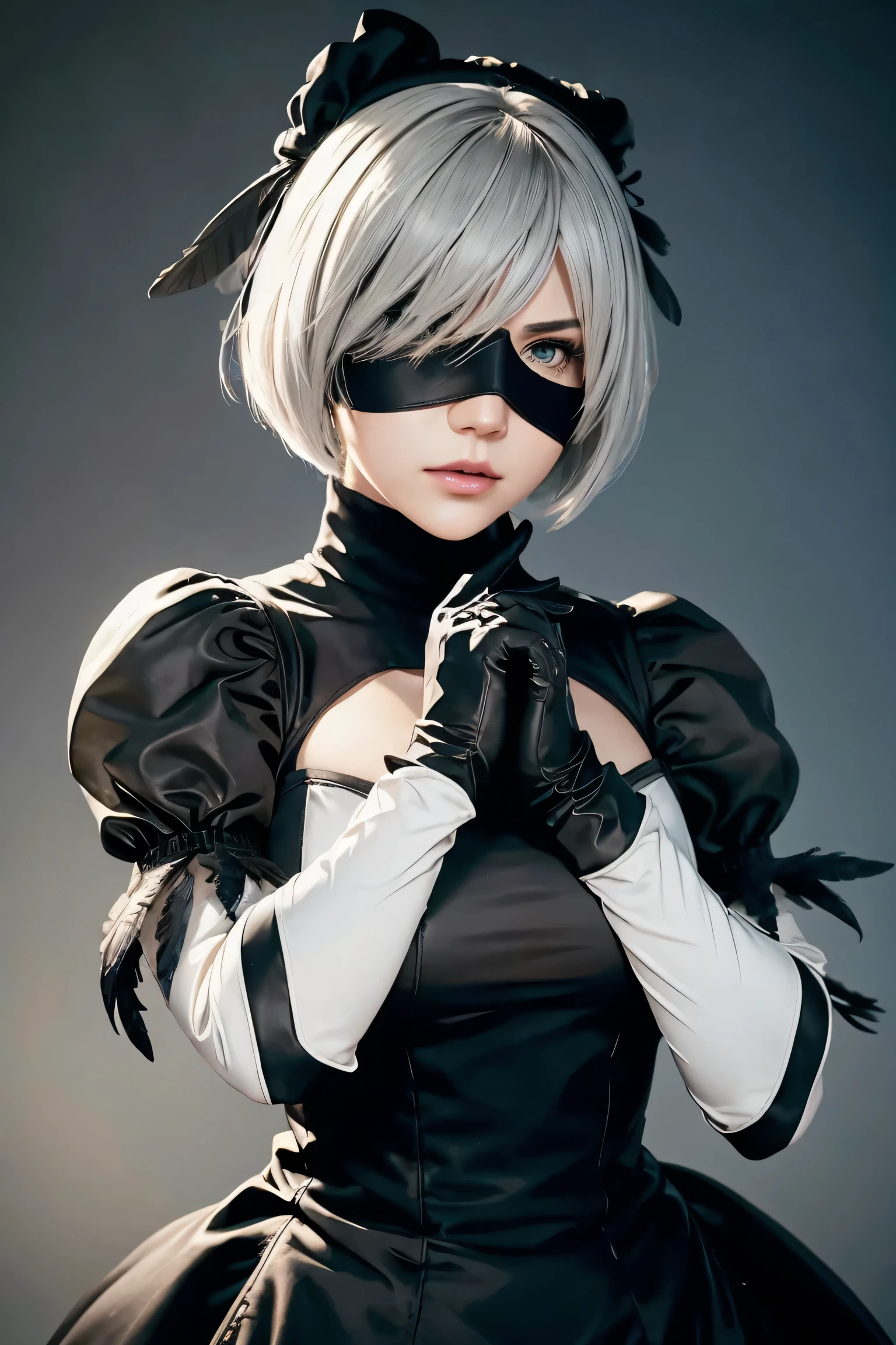 2B Nier Automata,Bobcut, Gray Hair,Long sleeve, Juliet Sleeve, White gloves, turtleneck, bangs, Feather ornament, Feather ornament sleeves, Blindfold, Black Goth Dress,Bird&#39;s-eye view,Japanese Ultra HD,super high quality,masterpiece,Digital SLR,Photorealistic,Detailed details,Vivid details,Depicted in detail,A detailed face,Detailed details,Super Detail,Realistic skin texture,Anatomical basis,Perfect Anatomy,Anatomically correct hand,Anatomically correct fingers,Complex 3D rendering,Sexy pose,Rainy Sky,Beautiful scenery,Fantastic rainy sky,Fantasy worldview,Picturesque,Pink Lips,Black butterfly々Fluttering,A ruined world,A devastated battlefield,ruins,