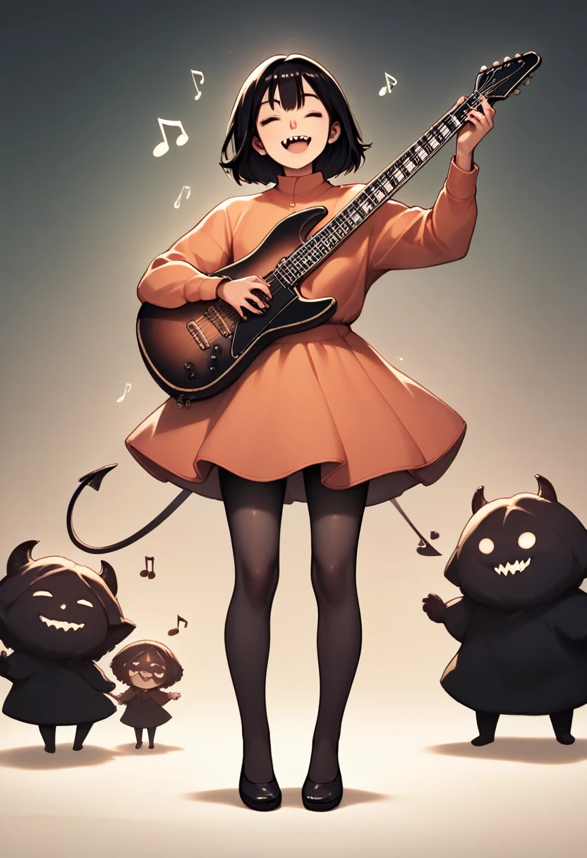 score_9, score_8_up, score_7_up, score_6_up, score_5_up, score_4_up, cute devil girl, happy smile, playing star-shaped body electric guitar, (saying "thank you", saying "happy"), dancing notes, fun , hzk