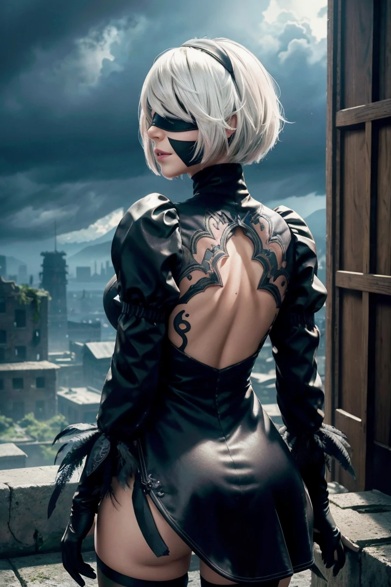 2B Nier Automata,Bobcut, Gray Hair,Long sleeve, Juliet Sleeve, White gloves, turtleneck, bangs, Feather ornament, Feather ornament sleeves, Blindfold, Black Goth Dress,Beautiful back view,Japanese Ultra HD,super high quality,masterpiece,Digital SLR,Photorealistic,Detailed details,Vivid details,Depicted in detail,A detailed face,Detailed details,Super Detail,Realistic skin texture,Anatomical basis,Perfect Anatomy,Anatomically correct hand,Anatomically correct fingers,Complex 3D rendering,Sexy pose,Rainy Sky,Beautiful scenery,Fantastic rainy sky,Fantasy worldview,Picturesque,Pink Lips,Black butterfly々Fluttering,A ruined world,A devastated battlefield,ruins,