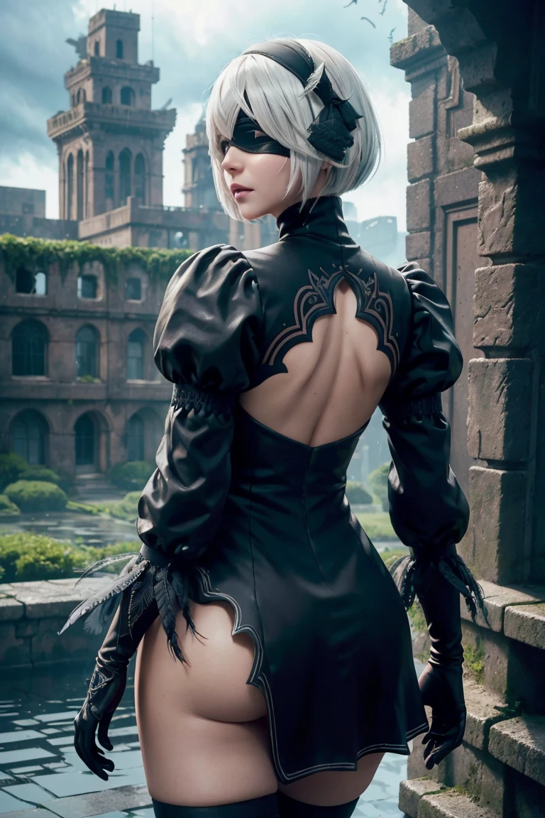 2B Nier Automata,Bobcut, Gray Hair,Long sleeve, Juliet Sleeve, White gloves, turtleneck, bangs, Feather ornament, Feather ornament sleeves, Blindfold, Black Goth Dress,Beautiful back view,Japanese Ultra HD,super high quality,masterpiece,Digital SLR,Photorealistic,Detailed details,Vivid details,Depicted in detail,A detailed face,Detailed details,Super Detail,Realistic skin texture,Anatomical basis,Perfect Anatomy,Anatomically correct hand,Anatomically correct fingers,Complex 3D rendering,Sexy pose,Rainy Sky,Beautiful scenery,Fantastic rainy sky,Fantasy worldview,Picturesque,Pink Lips,Black butterfly々Fluttering,A ruined world,A devastated battlefield,ruins,