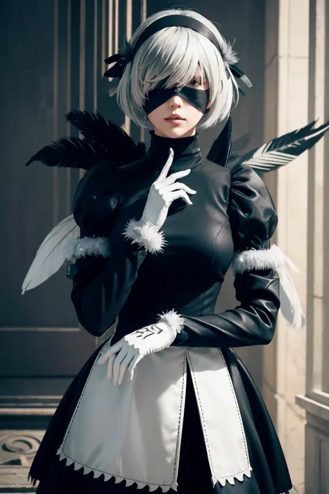 2b nier automata,bobcut, gray hair,long sleeve, juliet sleeve, white gloves, turtleneck, bangs, feather ornament, feather orname...