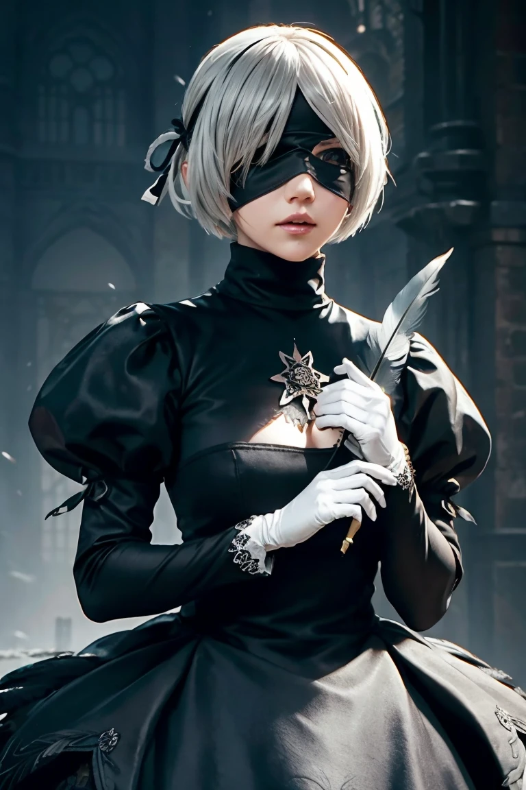 2B Nier Automata,Bobcut, Gray Hair,Long sleeve, Juliet Sleeve, White gloves, turtleneck, bangs, Feather ornament, Feather ornament sleeves, Blindfold, Black Goth Dress,Bird&#39;s-eye view,Japanese Ultra HD,super high quality,masterpiece,Digital SLR,Photorealistic,Detailed details,Vivid details,Depicted in detail,A detailed face,Detailed details,Super Detail,Realistic skin texture,Anatomical basis,Perfect Anatomy,Anatomically correct hand,Anatomically correct fingers,Complex 3D rendering,Sexy pose,Rainy Sky,Beautiful scenery,Fantastic rainy sky,Fantasy worldview,Picturesque,Pink Lips,Black butterfly々Fluttering,A ruined world,A devastated battlefield,ruins,