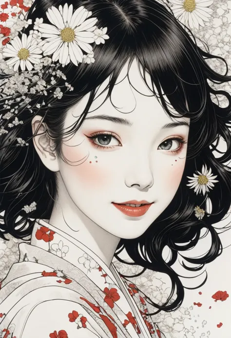 line art、virgin、splattered、crazy smile、falling flowers、takato yamamoto&#39;style、dark and detailed patterned background、traditio...