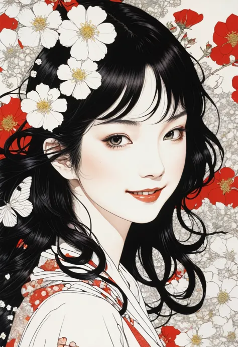 line art、virgin、splattered、crazy smile、falling flowers、takato yamamoto&#39;style、dark and detailed patterned background、traditio...