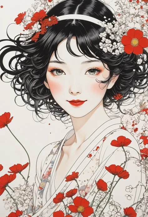 line art、virgin、splattered、crazy smile、falling flowers、takato yamamoto&#39;style、dark and detailed patterned background、traditio...