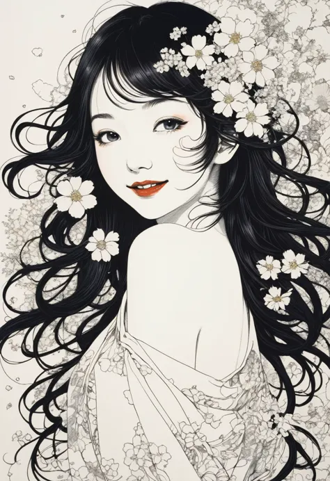 line art、virgin、splattered、crazy smile、falling flowers、takato yamamoto&#39;style、dark and detailed patterned background、traditio...