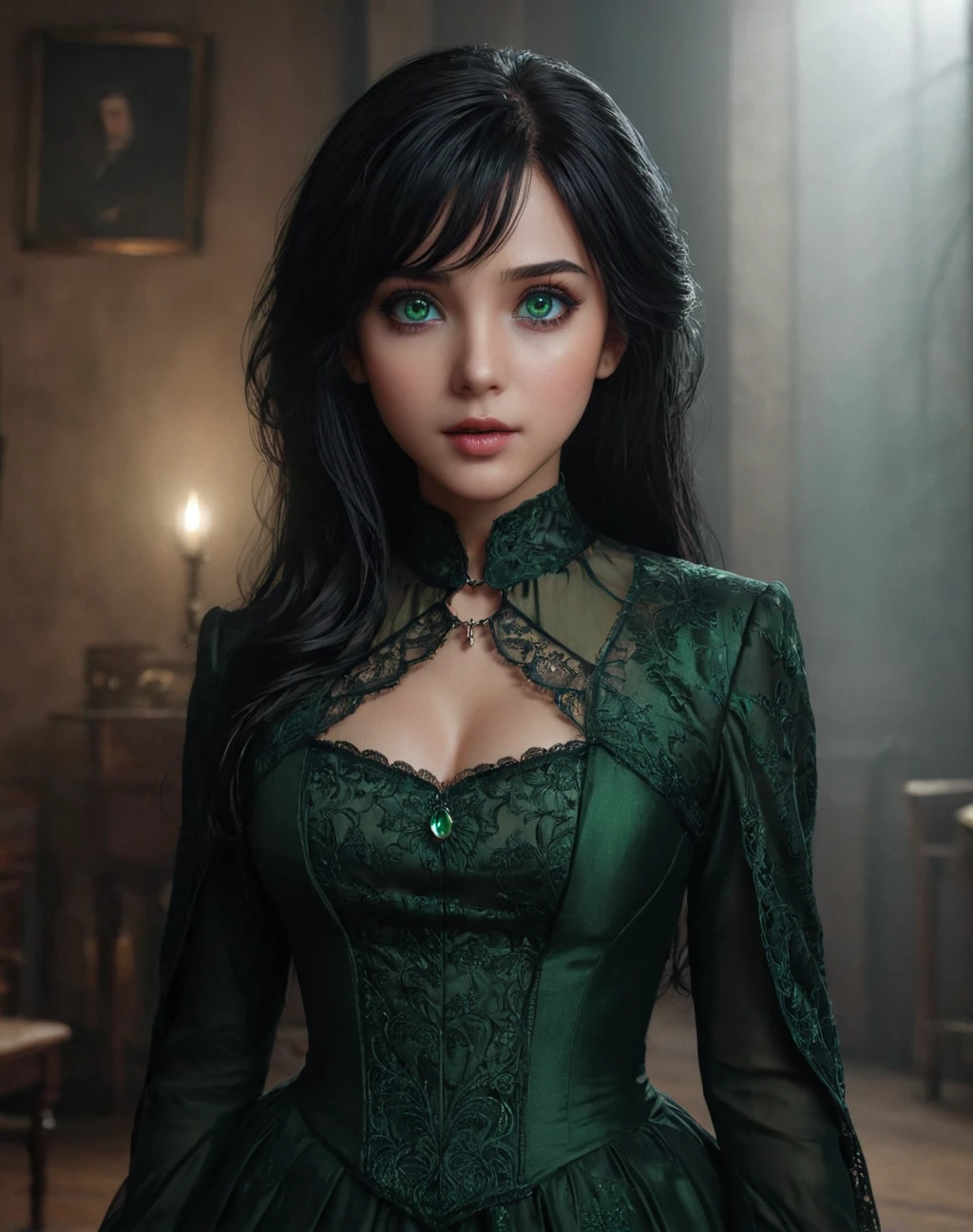 daughter of severus anape, 9-yeart-old , black hair, green eyes,（ultra best quality、in 8K、masuter piece、delicate illustration）,(best quality,4k,8k,highres,masterpiece:1.2),ultra-detailed,realistic,portrait of a beautiful, full body, photo ((cold light)), (creepy atmosphere), ((moody atmosphere)), photorealistic, high detailed skin, high detailed face, intricate detail, masterpiece, professional photo