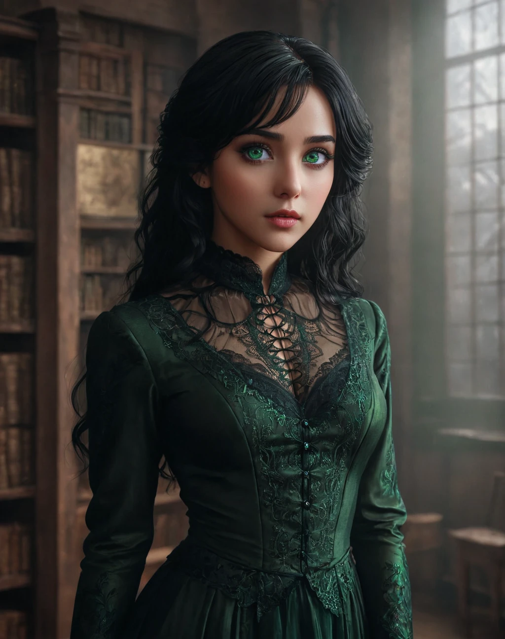 daughter of severus anape, 9-yeart-old , black hair, green eyes,（ultra best quality、in 8K、masuter piece、delicate illustration）,(best quality,4k,8k,highres,masterpiece:1.2),ultra-detailed,realistic,portrait of a beautiful, full body, photo ((cold light)), (creepy atmosphere), ((moody atmosphere)), photorealistic, high detailed skin, high detailed face, intricate detail, masterpiece, professional photo