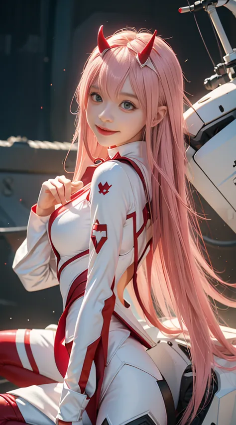 zerotwo \(darling on franxx\), darling on franxx, 1girll, rim, self-shot, smiling, biting, black shadows, green eyes, hair behin...