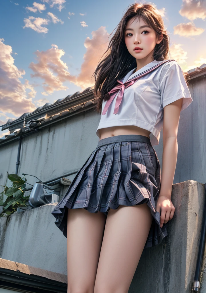 (8K, RAW Photos, Highest quality, masterpiece:1.2)、(Genuine、Realistic:1.37)、1 Girl、Japanese、Black Hair、Long Hair、(From below:1.4), (a 18years old pretty Japanese girl standing on rooftop of the building、school uniform)、((View your audience))、(White Sailor Suit High 、Ribbon on chest、mini skirt、Pink and gray checked pleated skirt、White panties)、(White panties can be seen from the pleated skirt)、((Sunset sky、cloud))