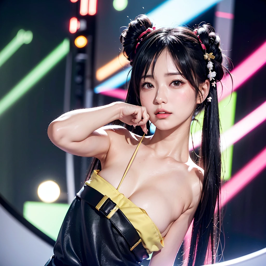 40-year-old Japanese woman、Black Hair、The hair is very short、Twin tails、Hatsune Miku's outfit、headphones、flat chest、Realistic photos、Realistic、8K quality、tall、No bangs、Live Performance Venues、Singing on a microphone、Close-up of face、Afterschool