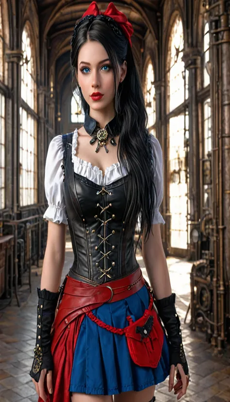 There is a woman in a costume standing in a building, steampunk fantasy style, Steampunk Beautiful Anime Woman, Gothic Virgin, S...