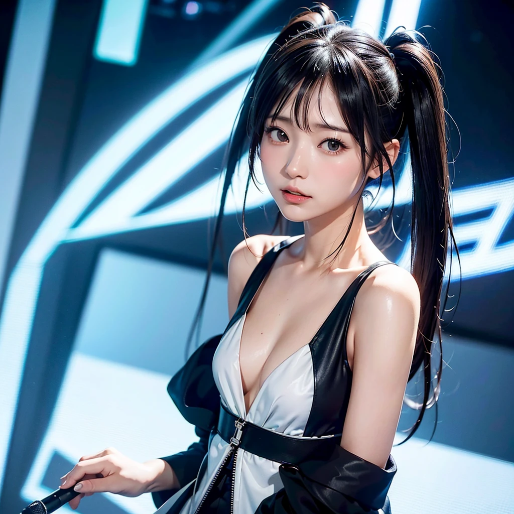 40-year-old Japanese woman、Black Hair、The hair is very short、Twin tails、Hatsune Miku's outfit、headphones、flat chest、Realistic photos、Realistic、8K quality、tall、No bangs、Live Performance Venues、Singing on a microphone、Close-up of face、Afterschool