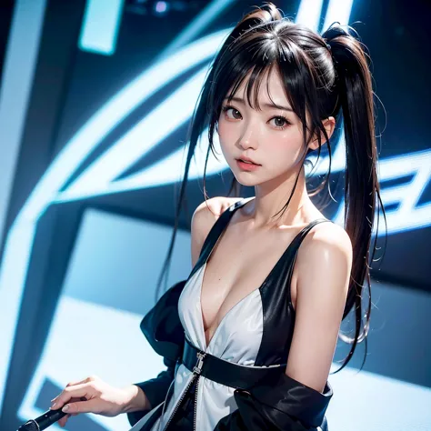 40-year-old Japanese woman、Black Hair、The hair is very short、Twin tails、Hatsune Miku's outfit、headphones、flat chest、Realistic ph...