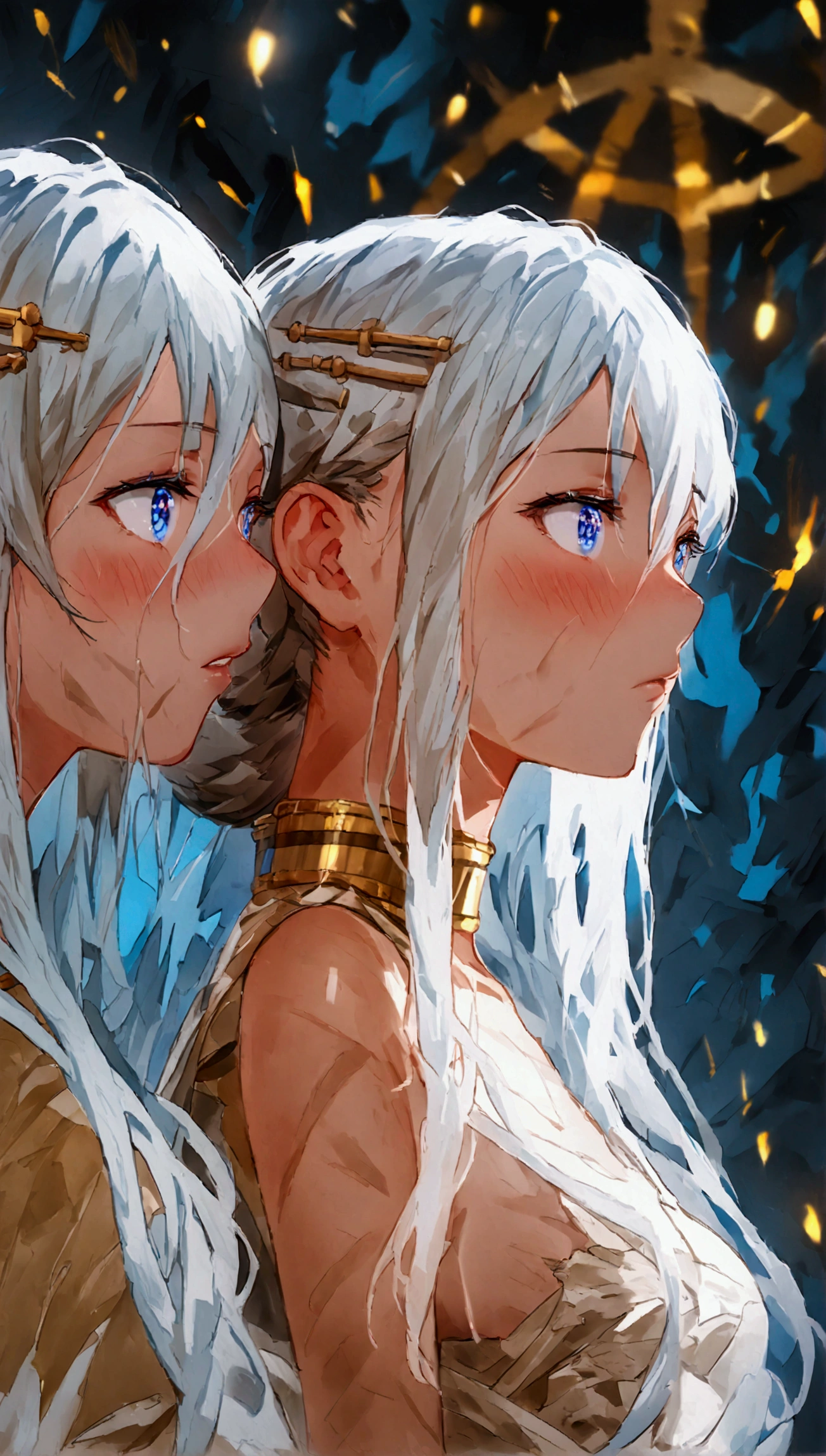 Anime. 1 girl. Two heads. Siamese twins. Slave. Dystrophic. White hair. Tangled hair. Long hair. Blue eyes. Beautiful eyes. Perfect eyes. Expressive eyes. Beautiful nose. Dystrophy. Skinny. Skin and bones. The ribs are visible through the skin. Skinny arms. Skinny legs. Medium breasts. Saggy breasts. Torn, dirty rags. Be sick. Vomits. Covering their mouths with their hands. Leaning against the wall. Standing. Slave market. Full height. Embarrassment. Blush. Whole body. Extremely detailed CG Unity 8k wallpaper. Ideal lighting. Ultra high resolution 4K. Super detailed 8K resolution.