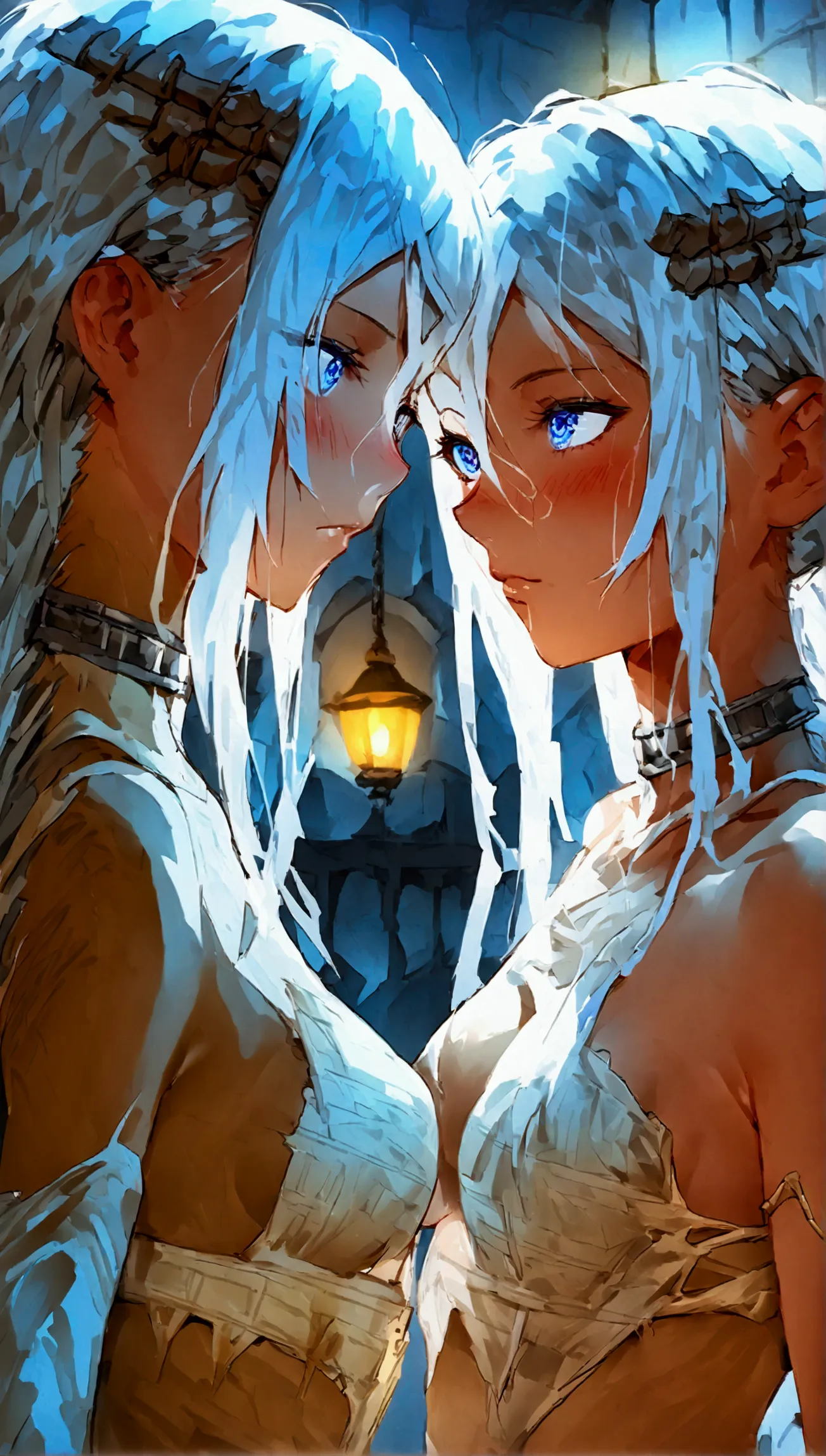 anime. 1 girl. two heads. siamese twins. slave. dystrophic. white hair. tangled hair. long hair. blue eyes. beautiful eyes. perf...