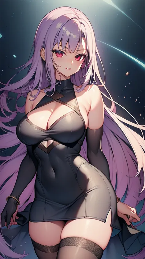 masterpiece, best quality, 1 solo girl, light purple hair, red eyes, long hair, medium breasts, sexy body and face, wavy hair, s...