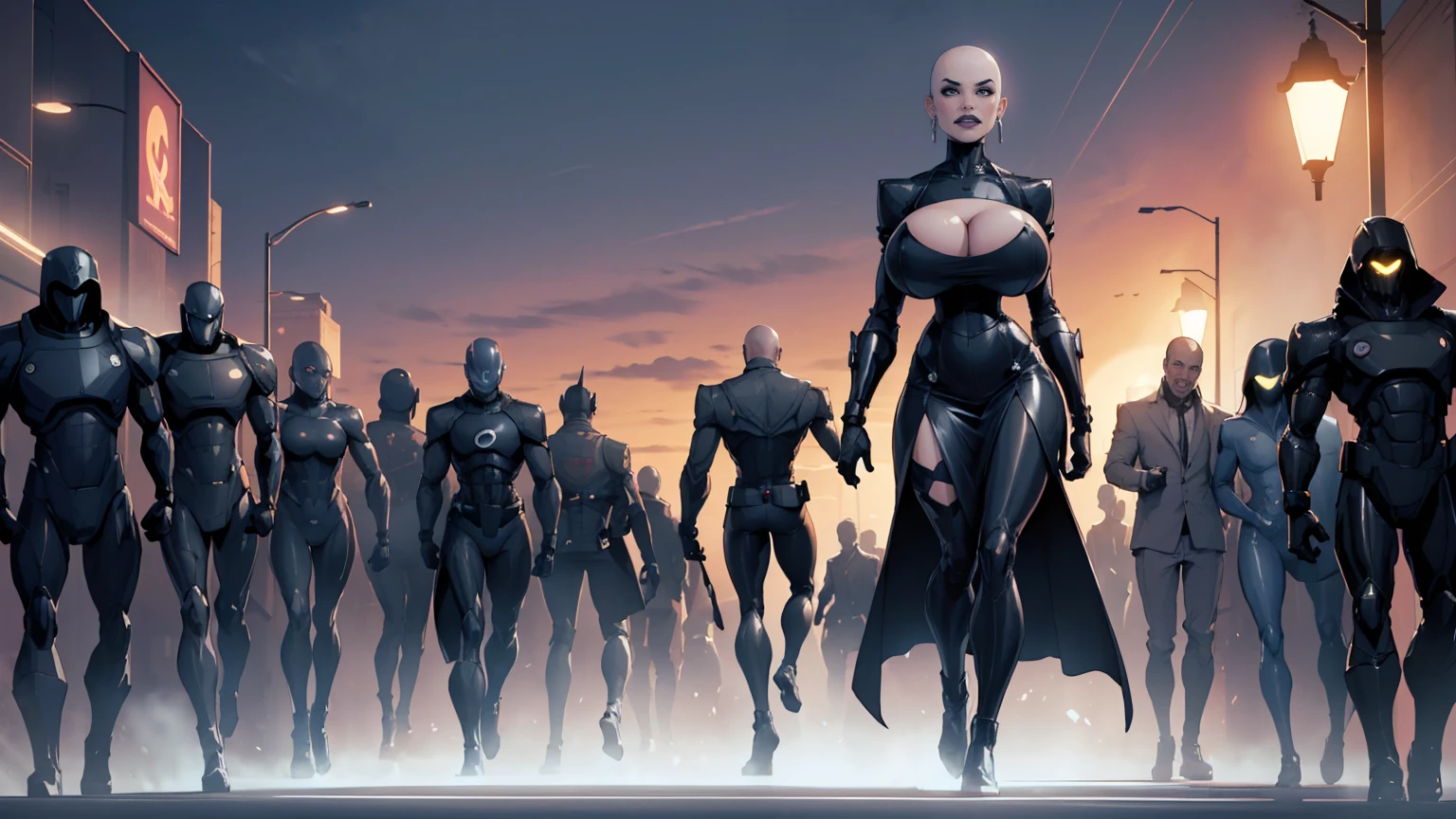 ((character design sheet)),((full body view)),1 Same Girl , Perfect Beautiful , ((bald head)) ,(chrome skin:1.1), (silver arms, silver face, silver legs) ((android woman)),( metallic android , Black Gothic Dress , Athletic Body , ((gigantic breasts:1.2)), Realistic Lighting , Night Street View , Dark Vibe , Crowd , Gothic Makeup , Gothic Tattoo , Posing Like a Model , Look at Viewer, cool lighting, blue street lamp light((sunset ambiance light:1.0))