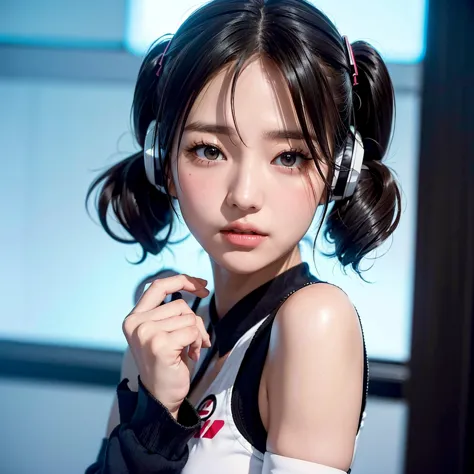 40-year-old japanese woman、black hair、the hair is very short、twin tails、hatsune miku コスプレ、headphones、flat chest、realistic photos...