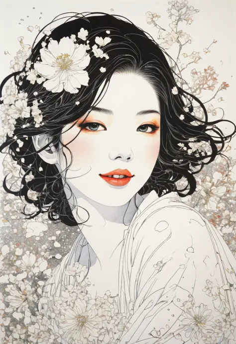 line art、virgin、splattered、crazy smile、falling flowers、takato yamamoto&#39;style、browsing caution