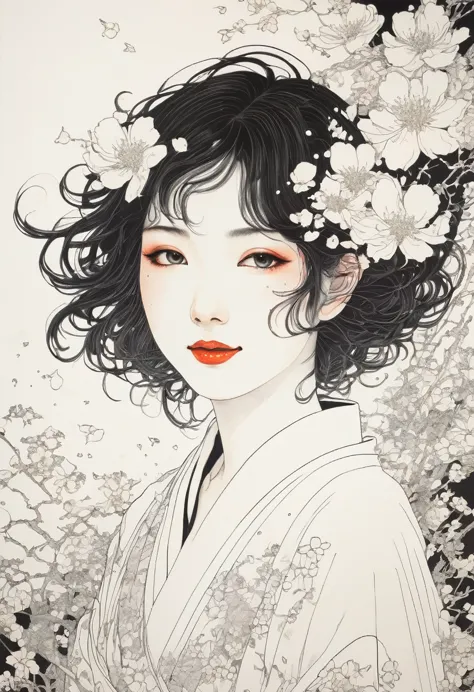 line art、virgin、splattered、crazy smile、falling flowers、takato yamamoto&#39;style、browsing caution