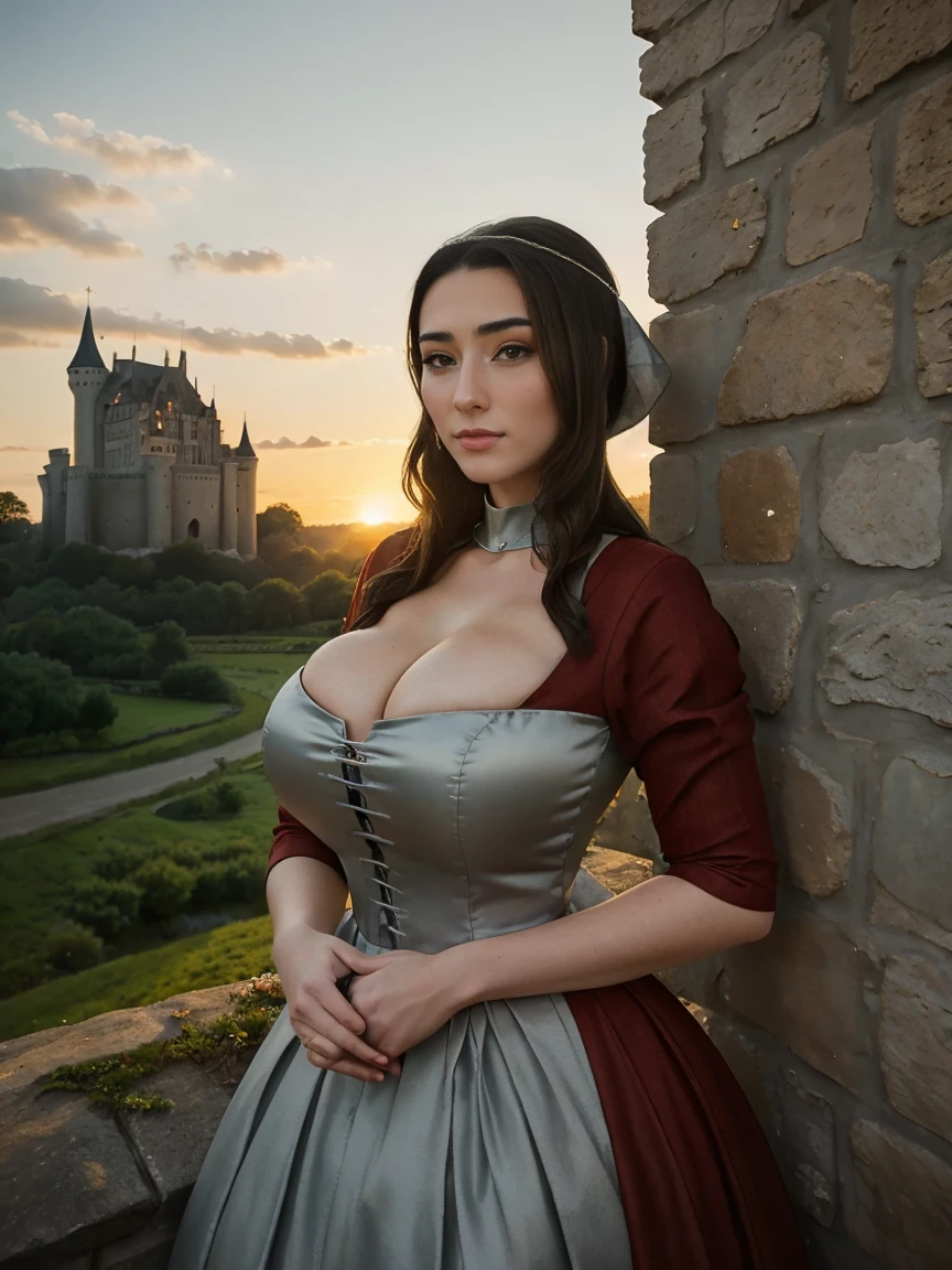 Beautiful and regal, imperious and aloof, busty athletic (thin) brunette queen with sharp facial features wearing a modest updo, dark red medieval dress, long sleeves, wide neck, crown, veil, long dress, modest dress, tight bodice, silver (waist chain), medieval jewelry, Middle Ages, castle, rampart, wall, exterior, on top of a castle wall, trees, countryside, evening, sunset.